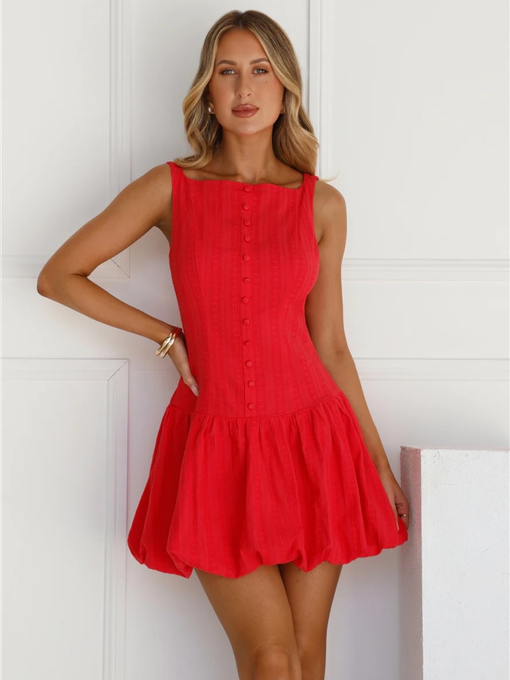 Hello Molly Red Button-Front drop wait mini dress
